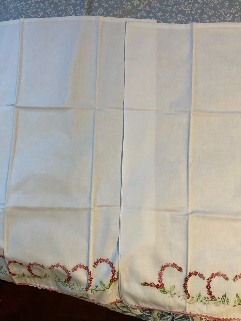 Vintage White Embroidered Pillowcases with Pink Floral Trim